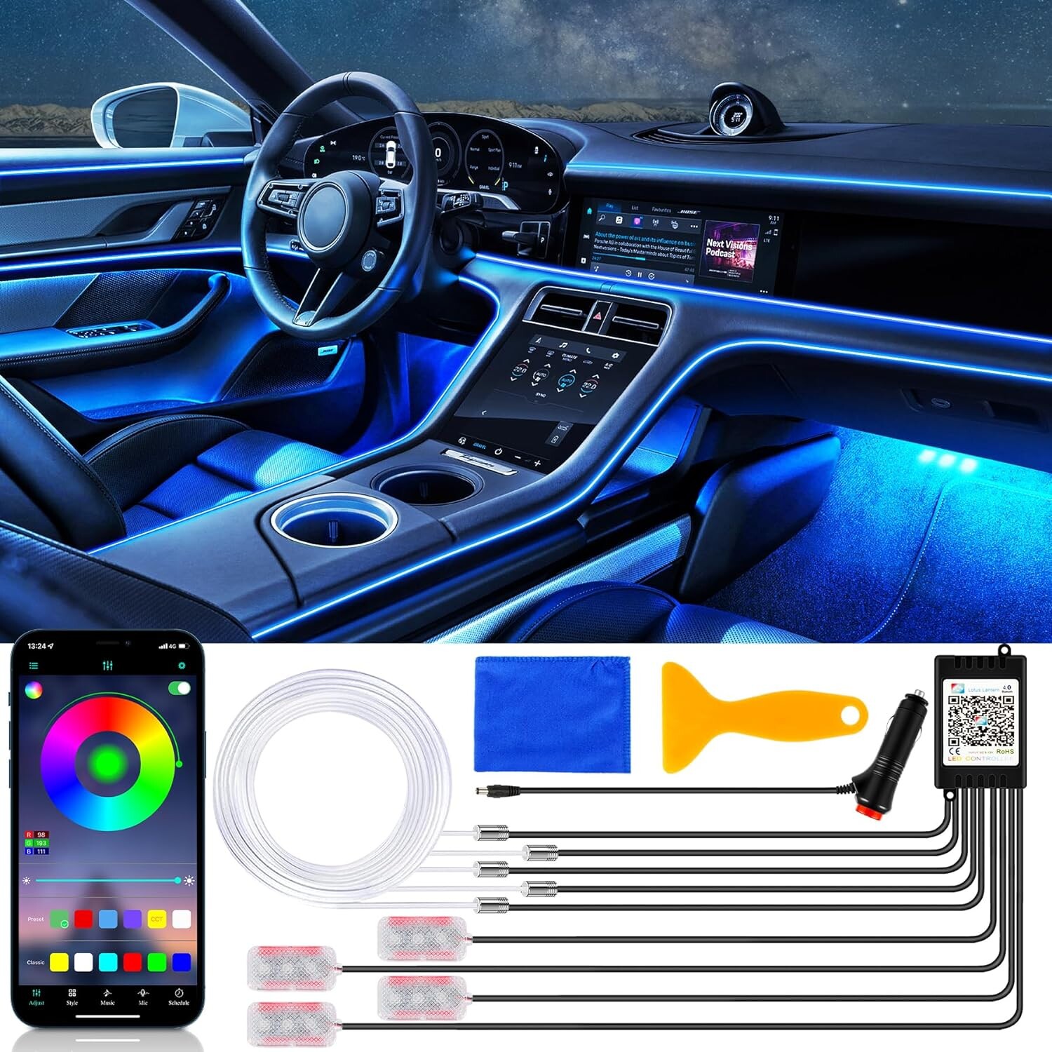 Bande LED RGB Intérieur Voiture – Contrôle Par Appli, Synchronisation Musique, 6 Bandes Néon Ambiance